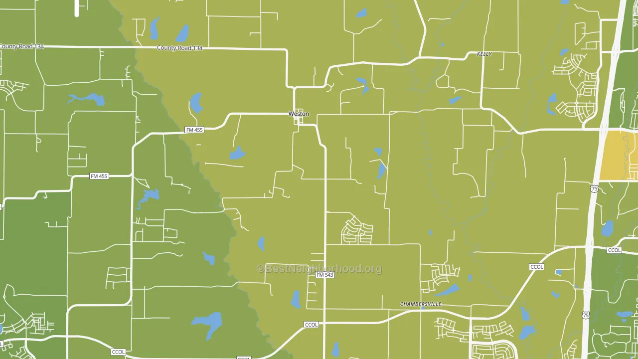 Map of the best neighborhoods in the Weston area, with better matches in green and worse matches in red