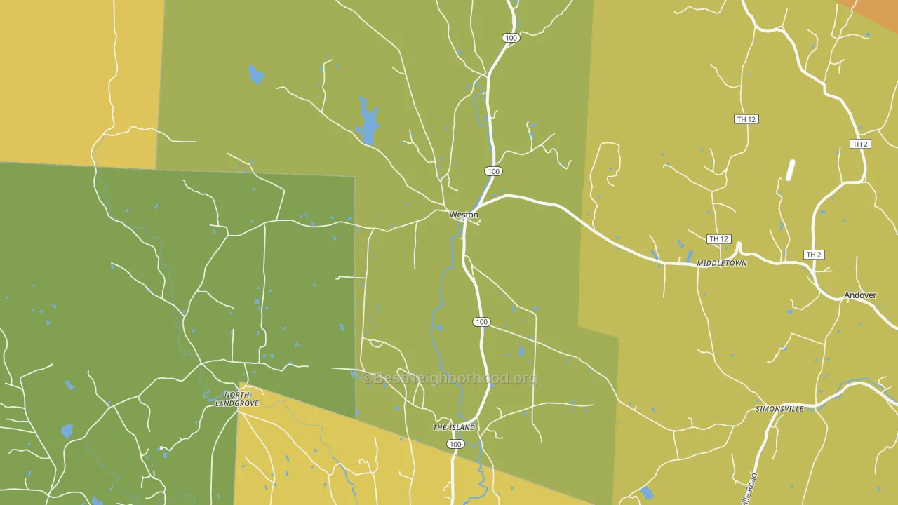 Map of the best neighborhoods in the Weston area, with better matches in green and worse matches in red