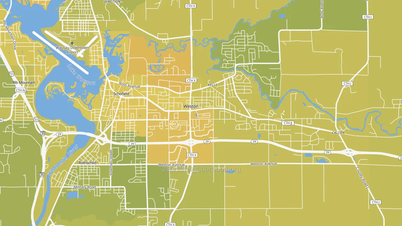 Map of the best neighborhoods in the Weston area, with better matches in green and worse matches in red