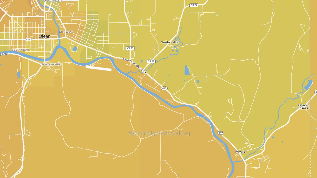 Map of the best neighborhoods in the Westons Mills area, with better matches in green and worse matches in red