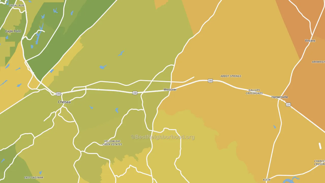 Map of the best neighborhoods in the Westover area, with better matches in green and worse matches in red