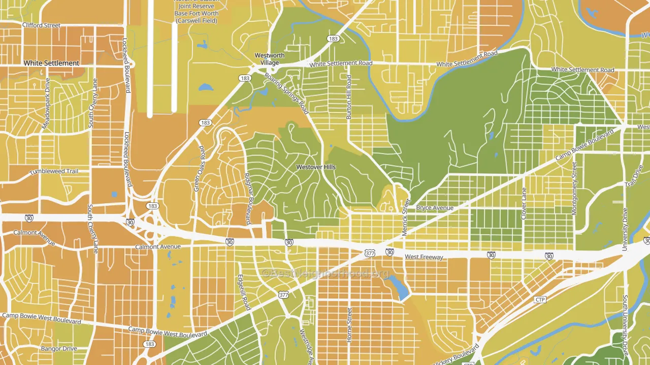 Map of the best neighborhoods in the Westover Hills area, with better matches in green and worse matches in red