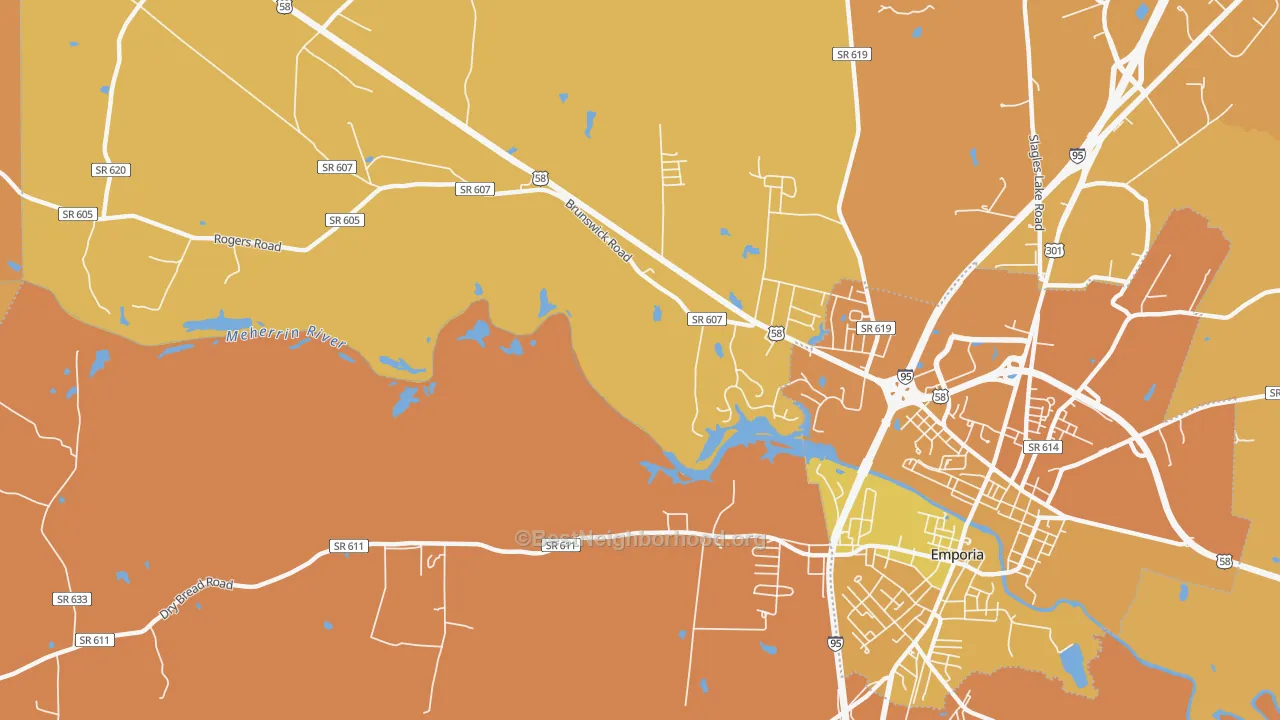 Map of the best neighborhoods in the Westover Hills area, with better matches in green and worse matches in red