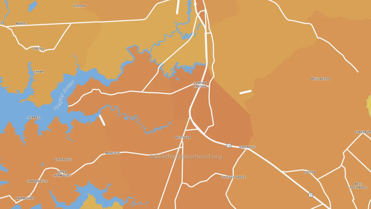 Map of the best neighborhoods in the Westover area, with better matches in green and worse matches in red
