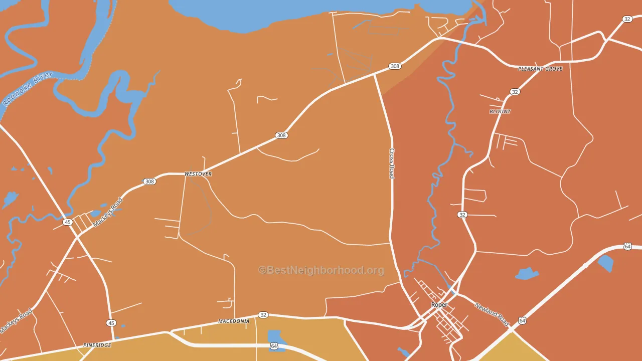 Map of the best neighborhoods in the Westover area, with better matches in green and worse matches in red