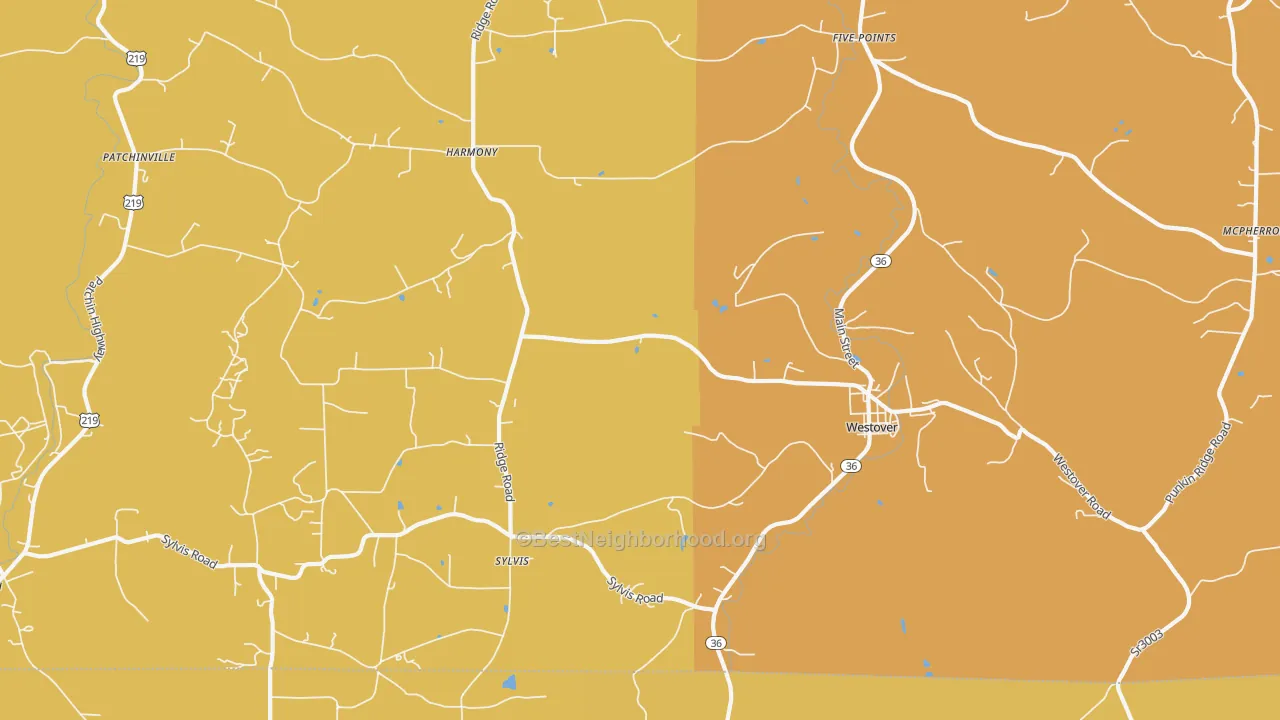 Map of the best neighborhoods in the Westover area, with better matches in green and worse matches in red