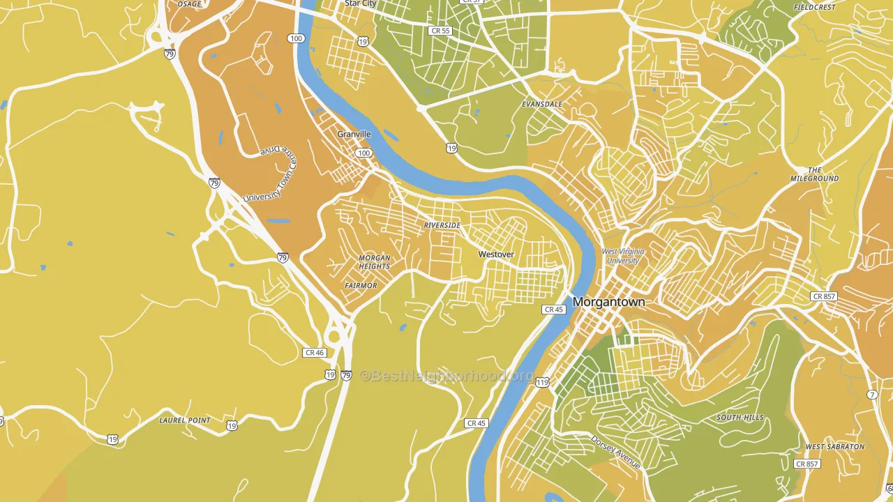 Map of the best neighborhoods in the Westover area, with better matches in green and worse matches in red