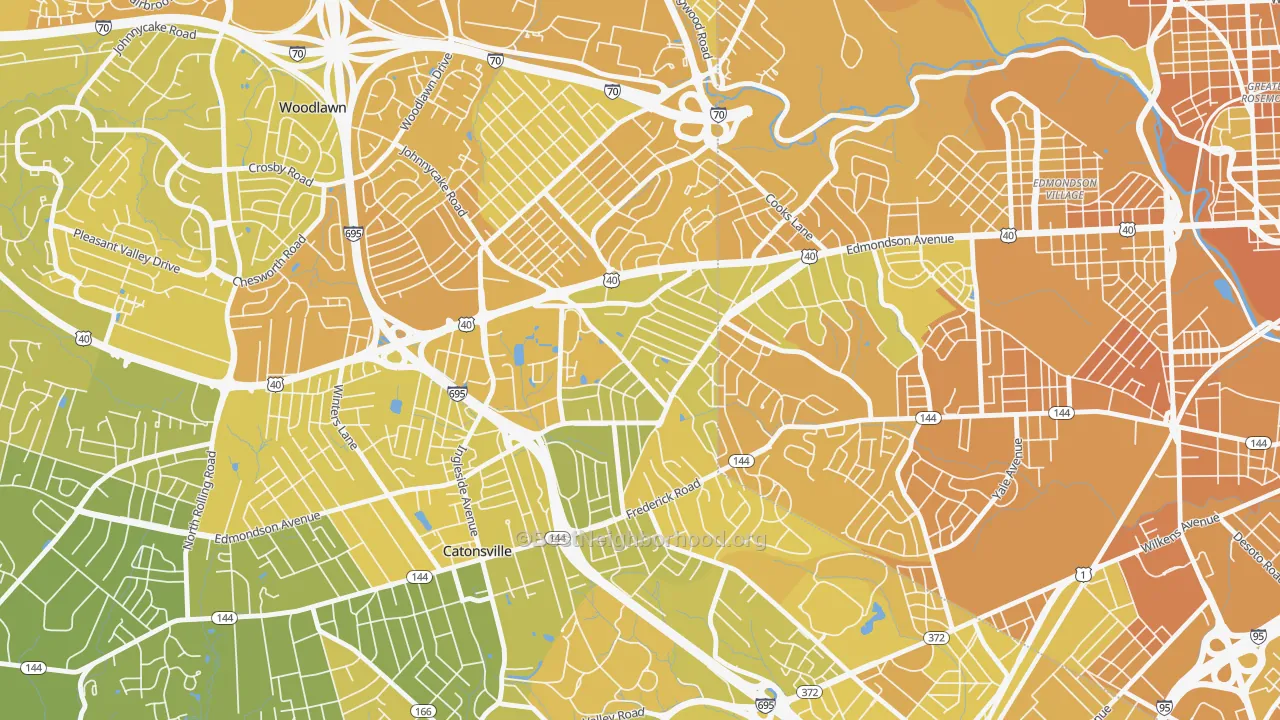 Map of the best neighborhoods in the Westowne, Catonsville area, with better matches in green and worse matches in red