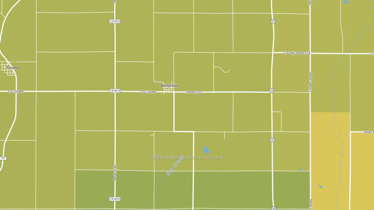 Map of the best neighborhoods in the Westphalia area, with better matches in green and worse matches in red
