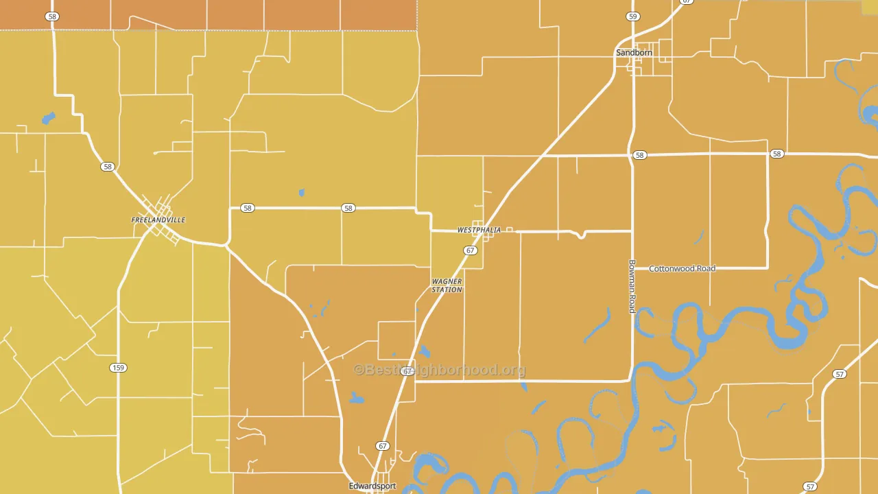 Map of the best neighborhoods in the Westphalia area, with better matches in green and worse matches in red