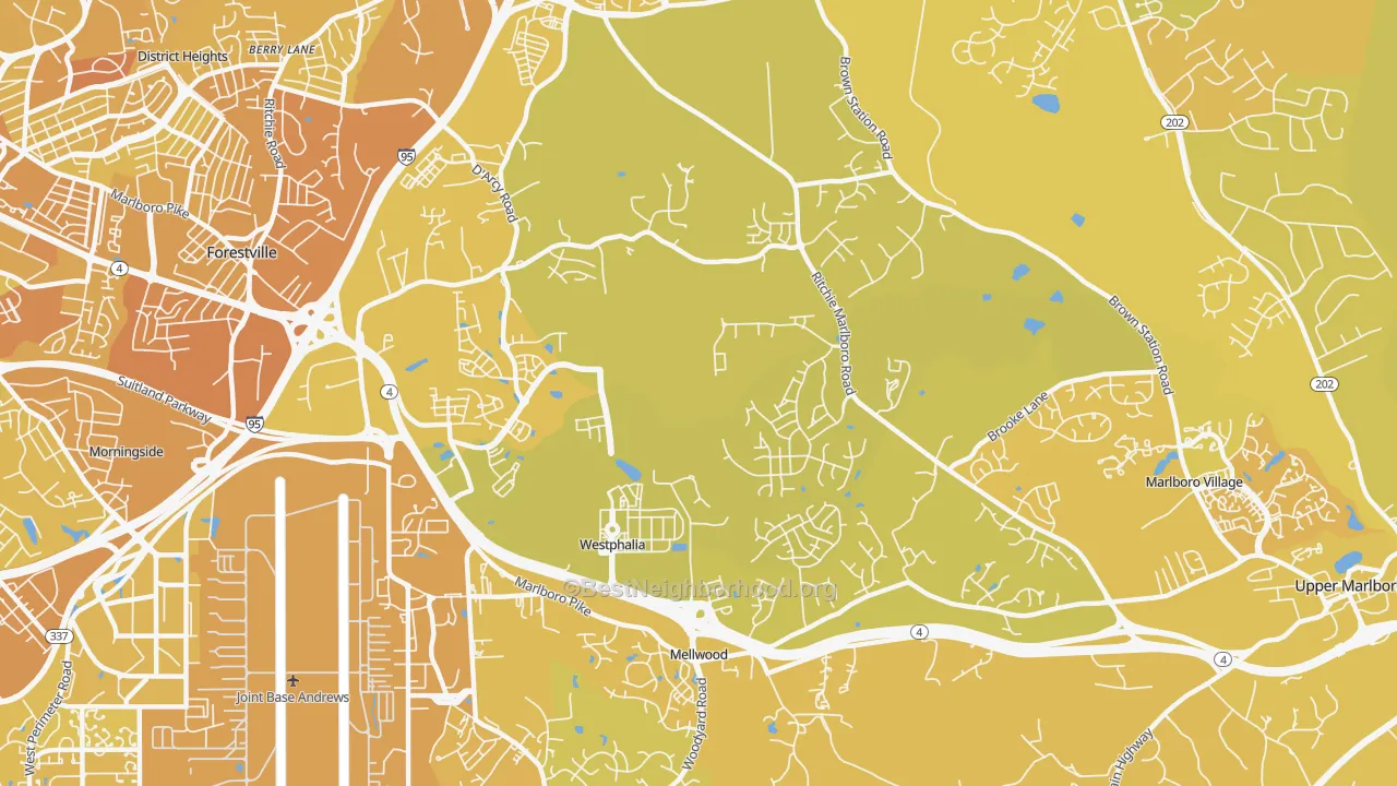 Map of the best neighborhoods in the Westphalia area, with better matches in green and worse matches in red