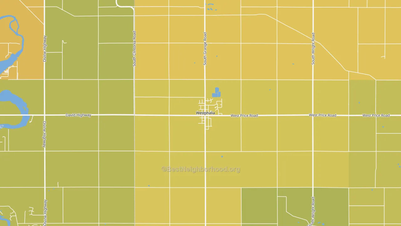 Map of the best neighborhoods in the Westphalia area, with better matches in green and worse matches in red