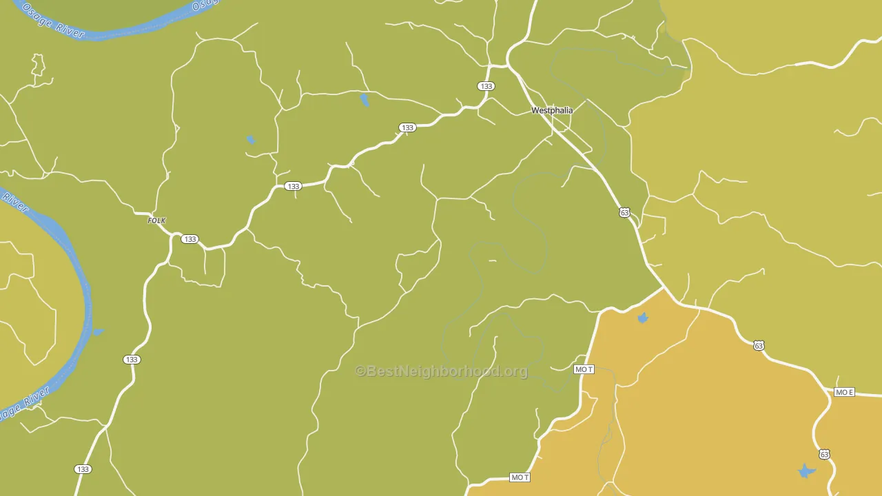 Map of the best neighborhoods in the Westphalia area, with better matches in green and worse matches in red