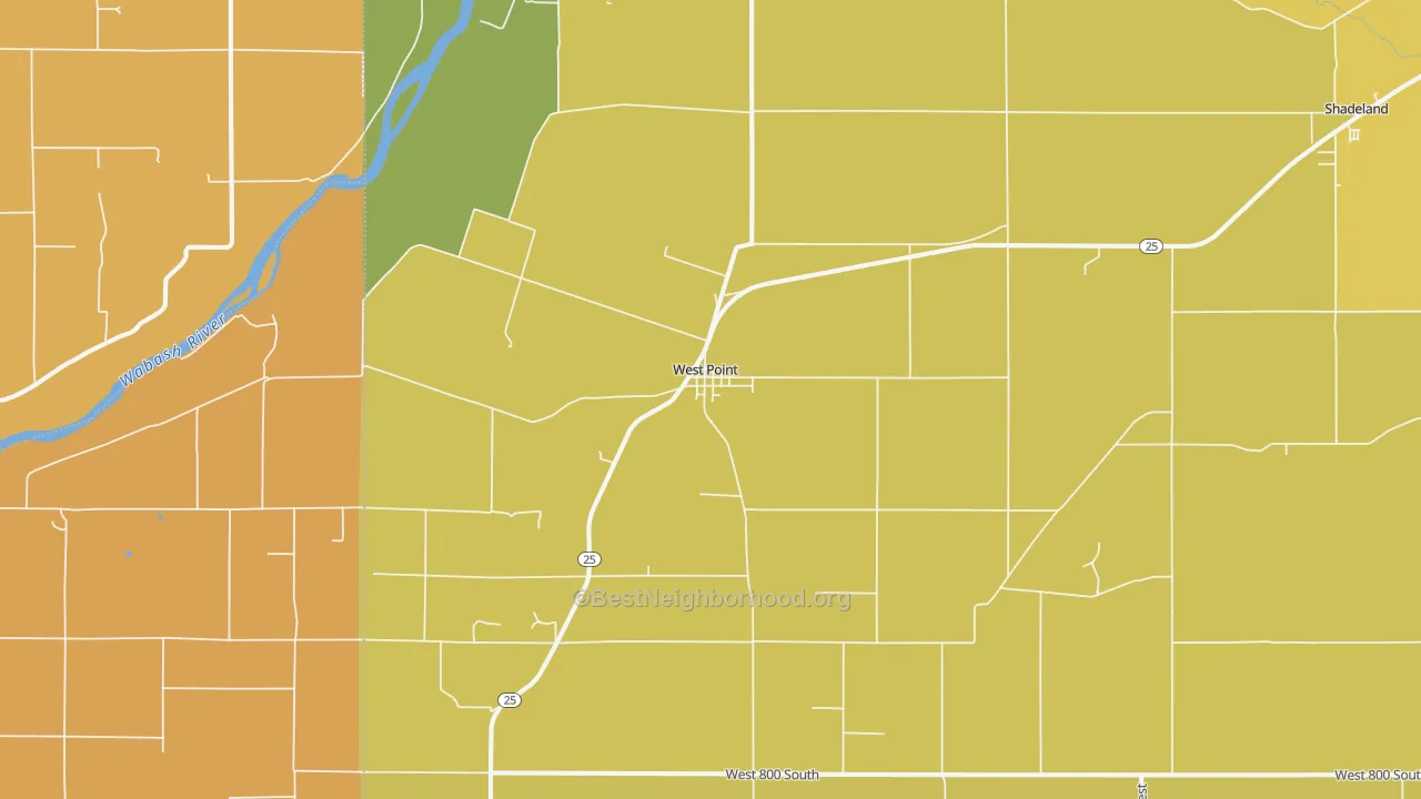 Map of the best neighborhoods in the Westpoint area, with better matches in green and worse matches in red
