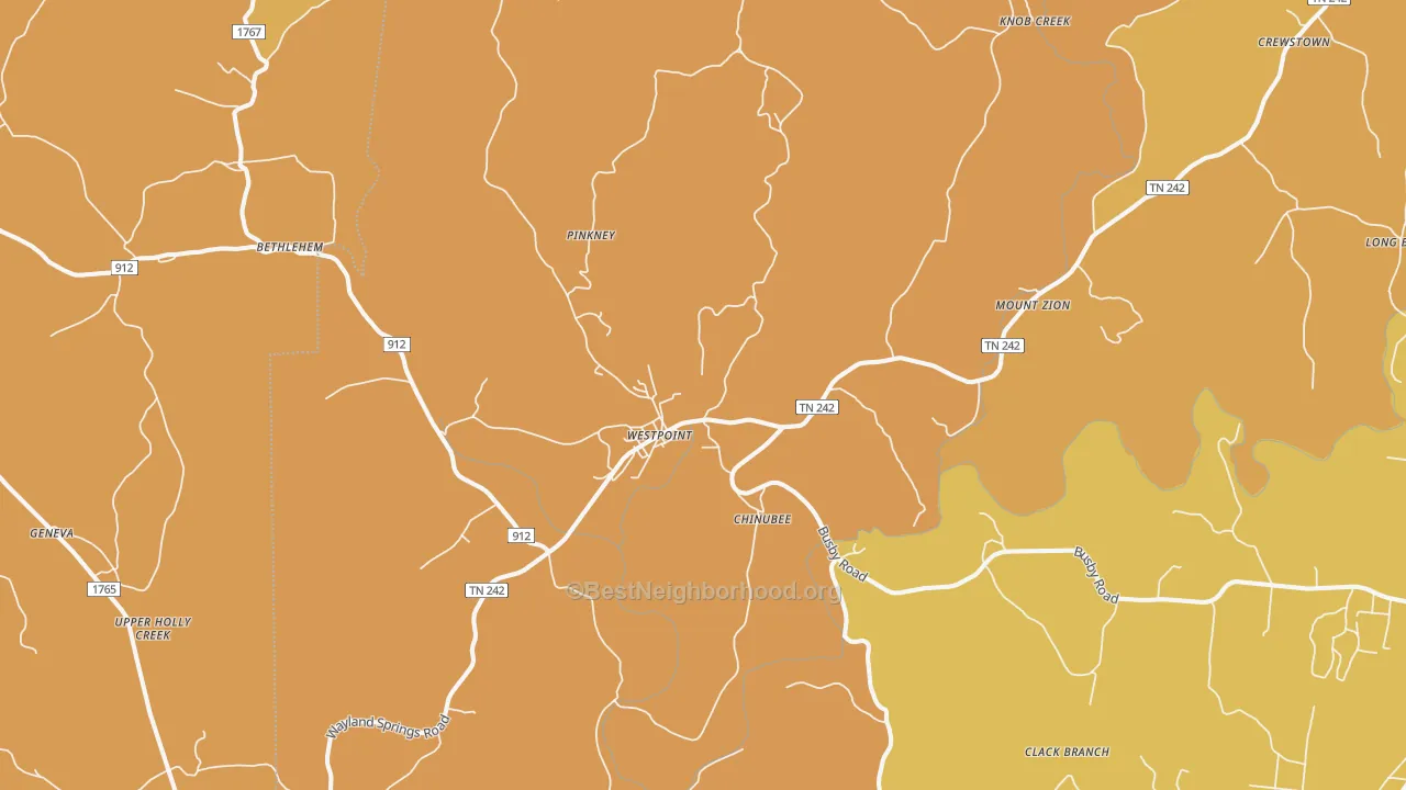 Map of the best neighborhoods in the Westpoint area, with better matches in green and worse matches in red