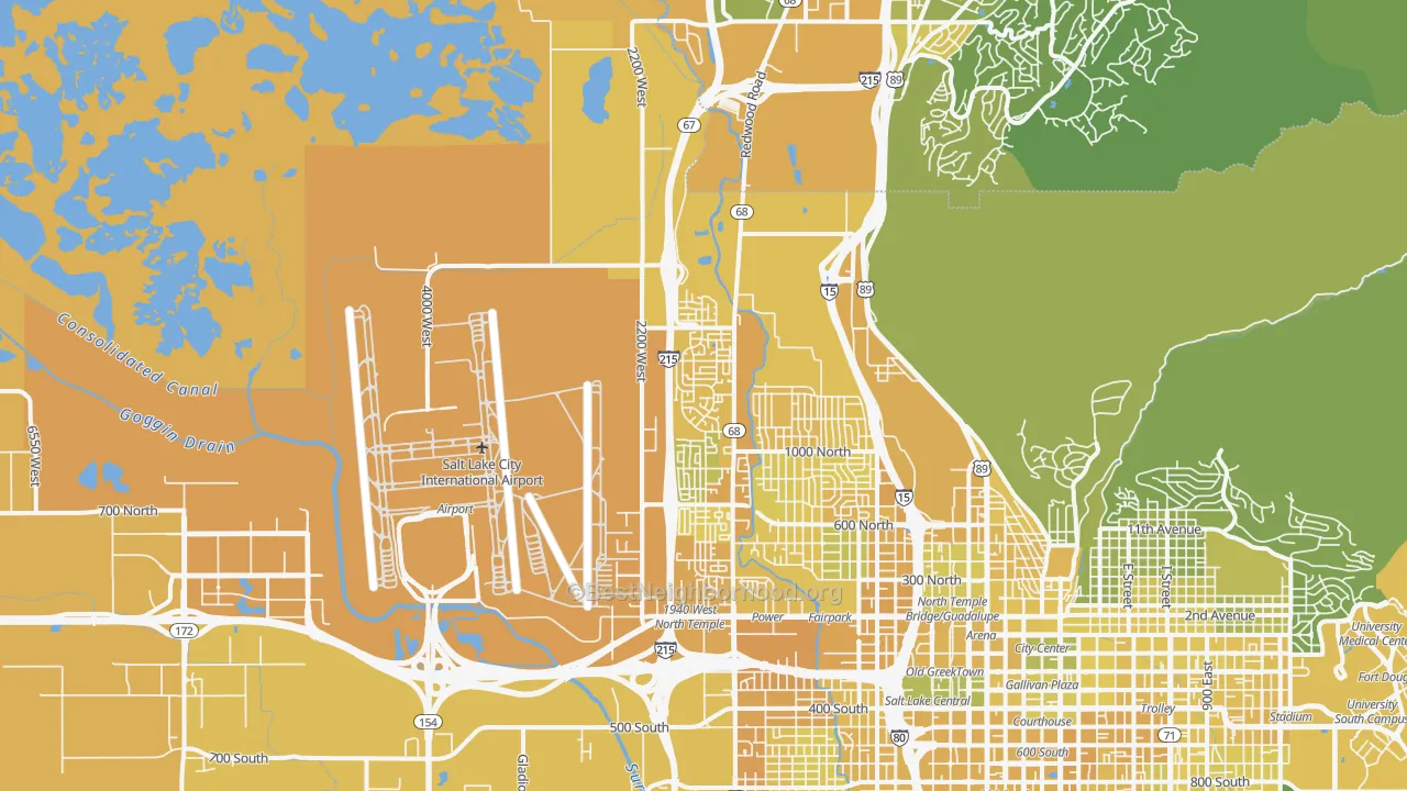 Map of the best neighborhoods in the Westpointe, Salt Lake City area, with better matches in green and worse matches in red