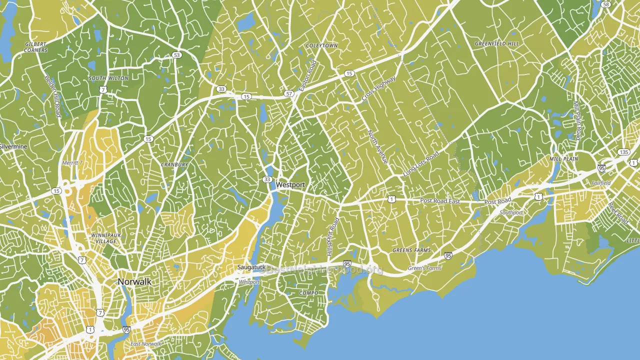 Map of the best neighborhoods in the Westport area, with better matches in green and worse matches in red