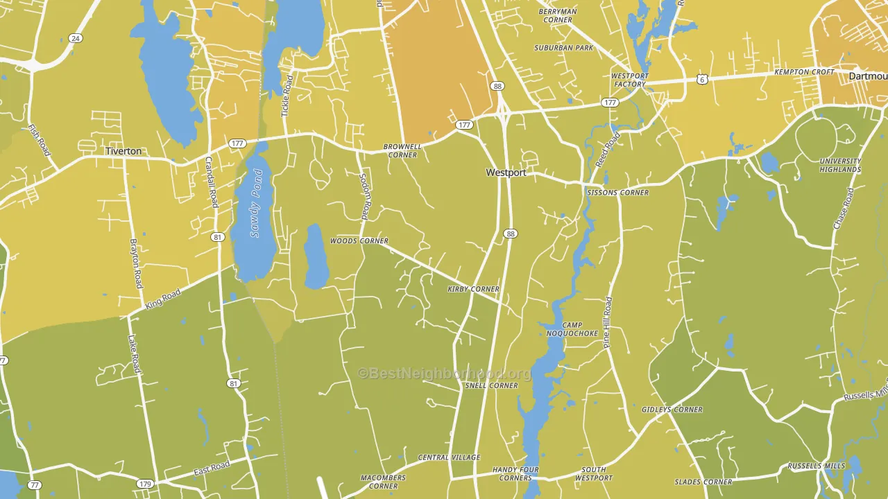 Map of the best neighborhoods in the Westport area, with better matches in green and worse matches in red