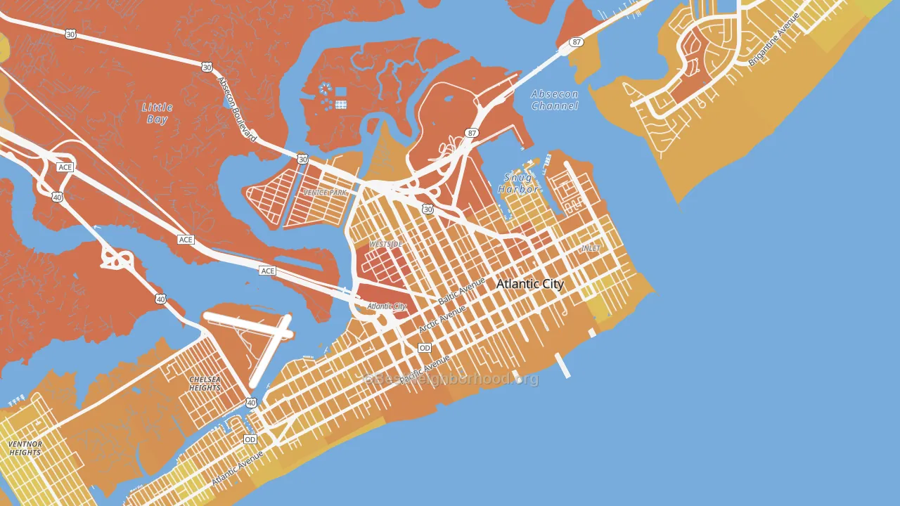 Map of the best neighborhoods in the Westside, Atlantic City area, with better matches in green and worse matches in red