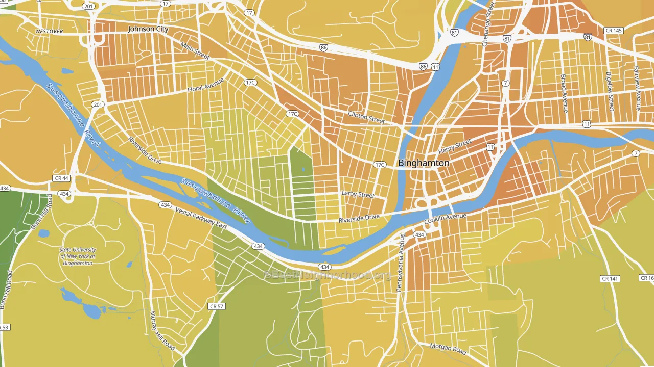 Map of the best neighborhoods in the Westside, Binghamton area, with better matches in green and worse matches in red