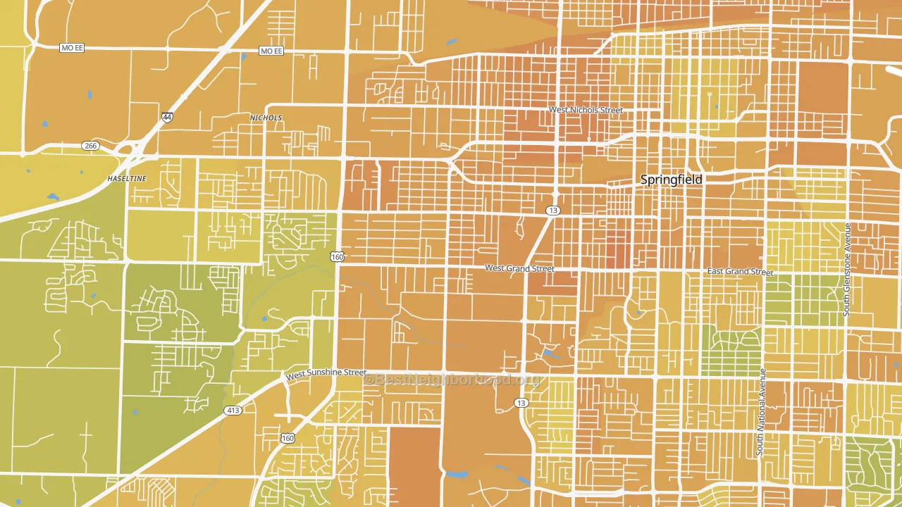 Map of the best neighborhoods in the Westside Community Betterment, Springfield area, with better matches in green and worse matches in red