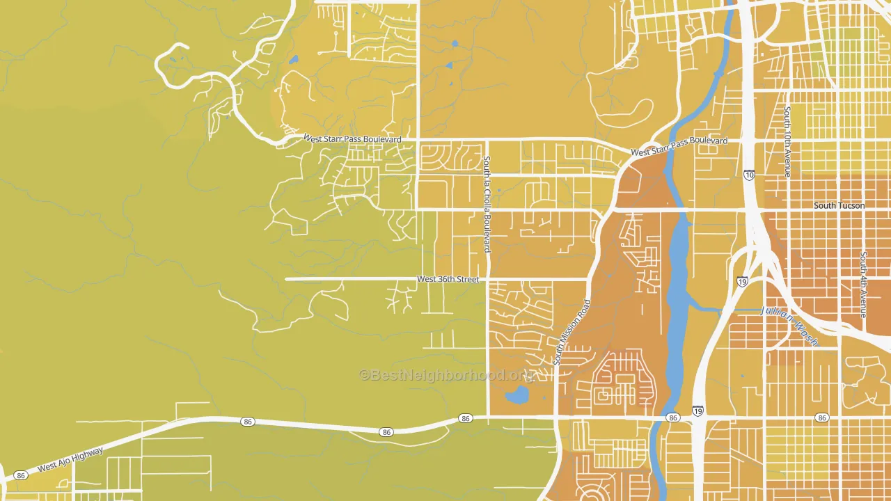 Map of the best neighborhoods in the Westside Development, Tucson area, with better matches in green and worse matches in red