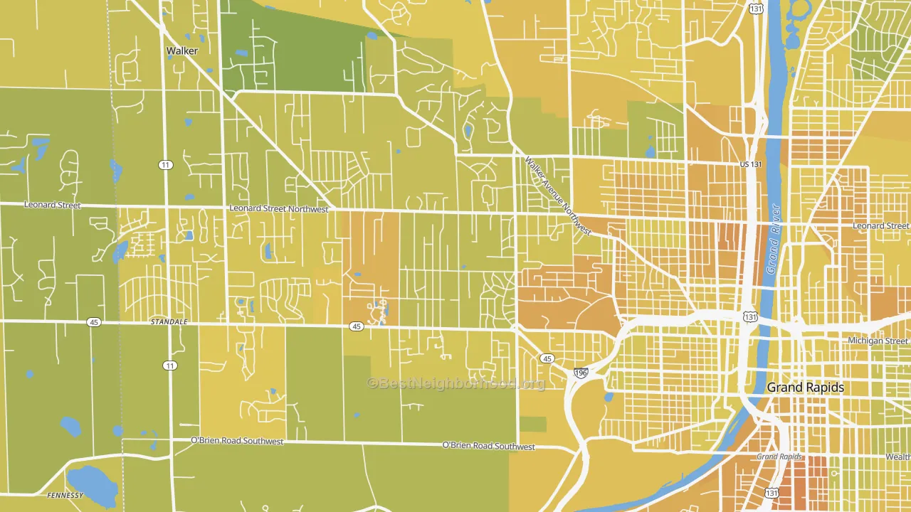 Map of the best neighborhoods in the Westside, Grand Rapids area, with better matches in green and worse matches in red