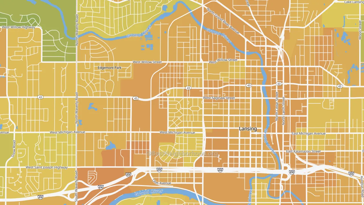 Map of the best neighborhoods in the Westside Lansing, Lansing area, with better matches in green and worse matches in red