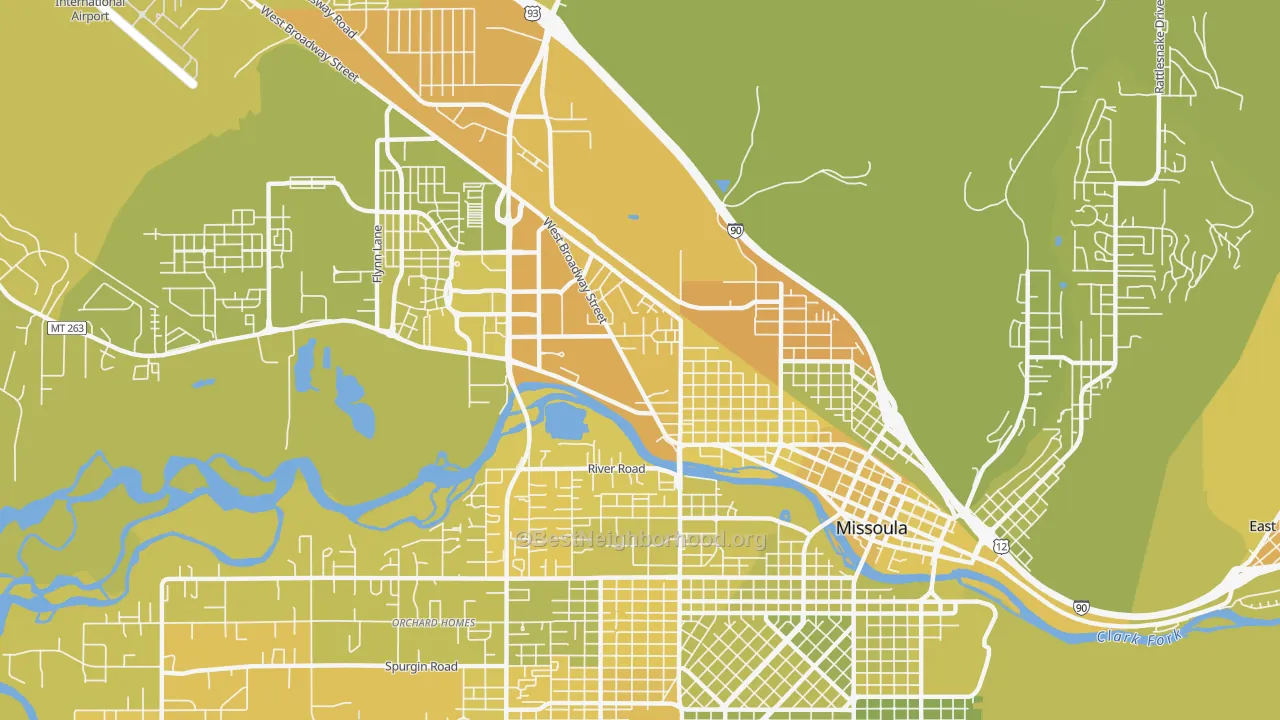 Map of the best neighborhoods in the Westside, Missoula area, with better matches in green and worse matches in red