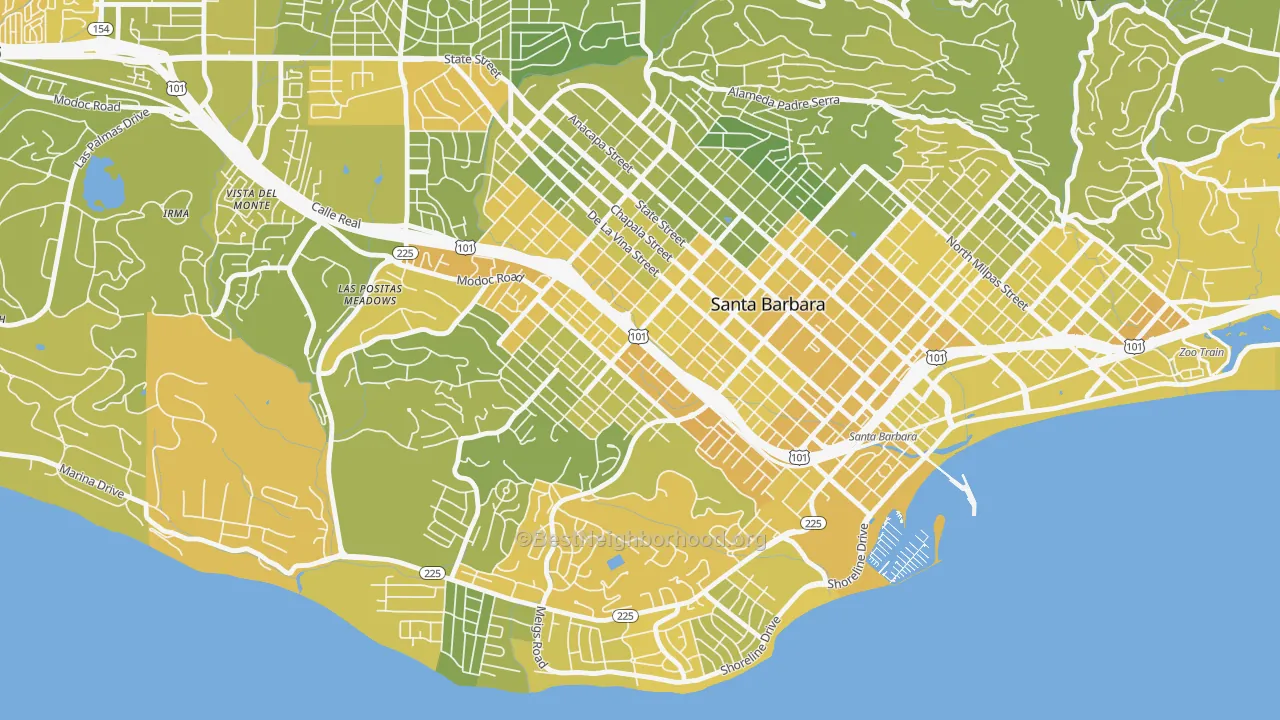 Map of the best neighborhoods in the Westside-Santa Barbara, Santa Barbara area, with better matches in green and worse matches in red