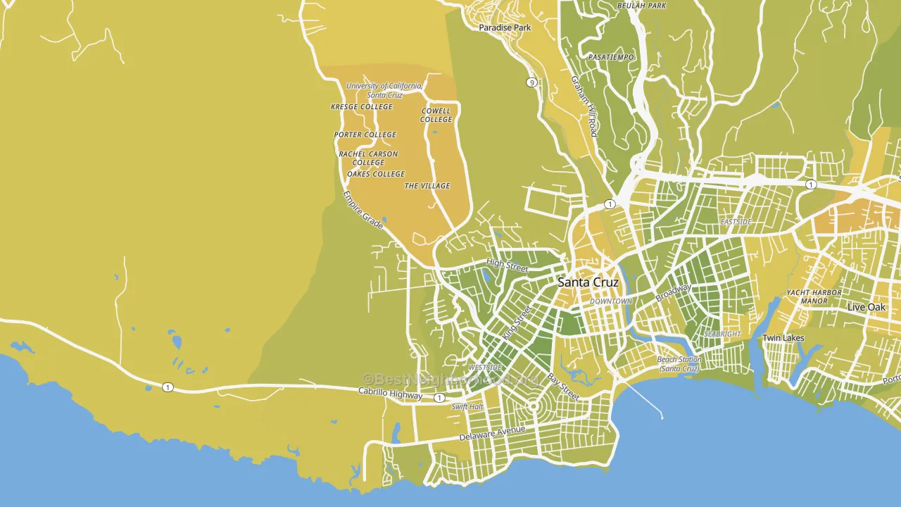 Map of the best neighborhoods in the Westside, Santa Cruz area, with better matches in green and worse matches in red