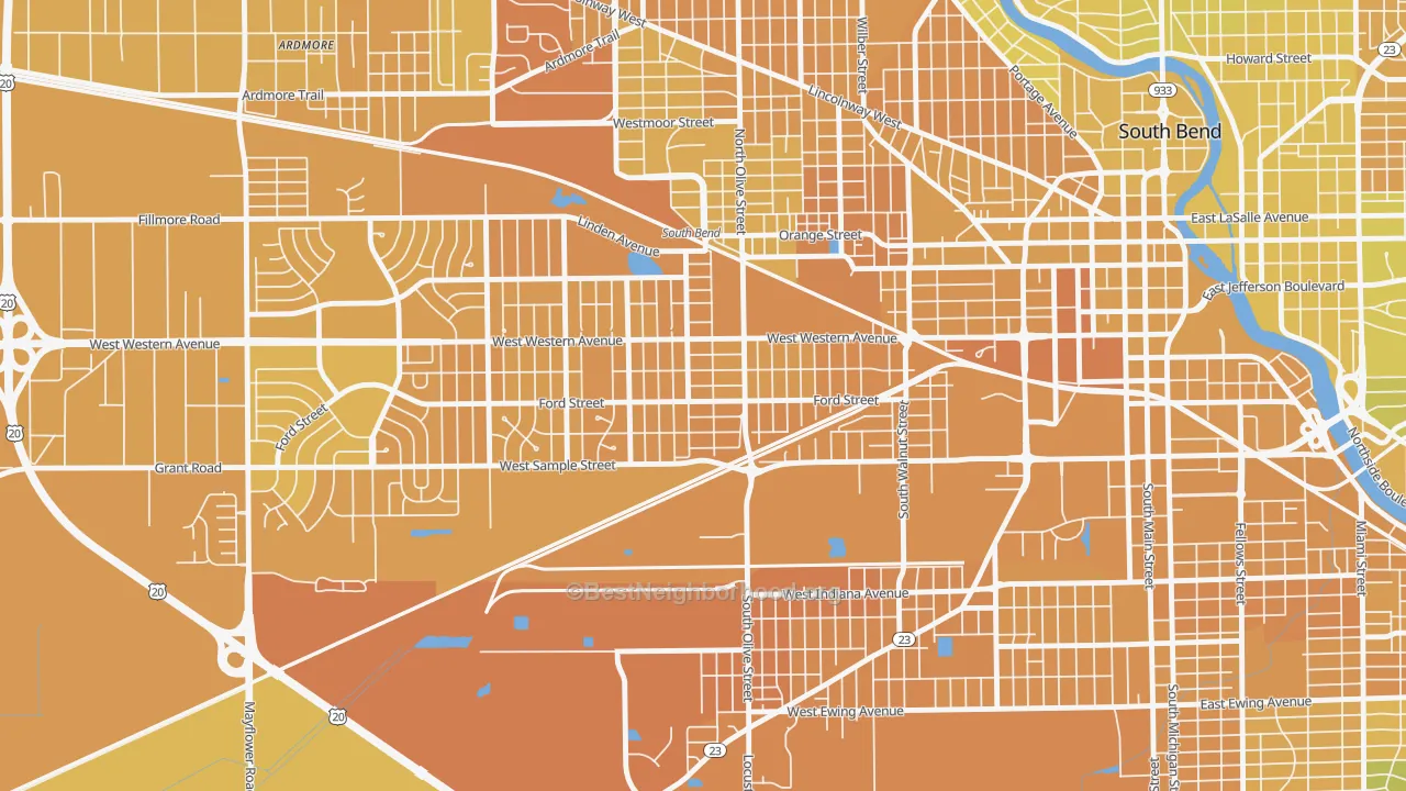 Map of the best neighborhoods in the Westside, South Bend area, with better matches in green and worse matches in red