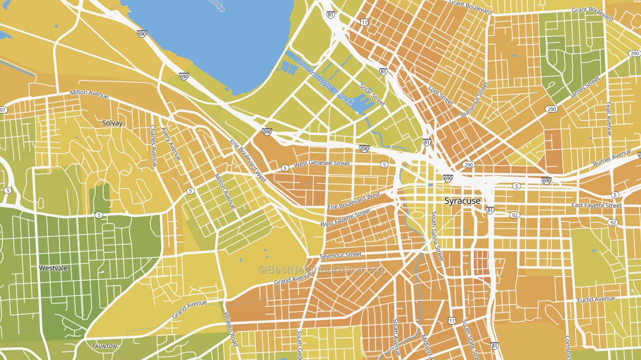 Map of the best neighborhoods in the Westside, Syracuse area, with better matches in green and worse matches in red