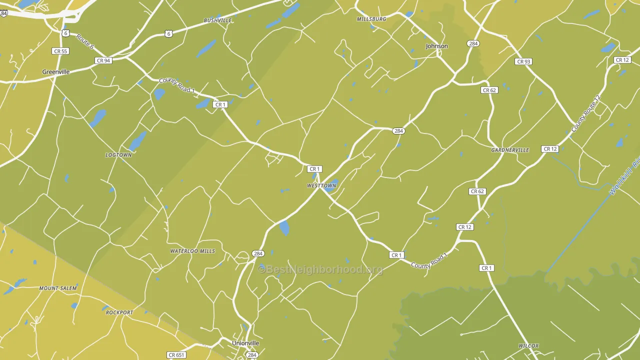 Map of the best neighborhoods in the Westtown area, with better matches in green and worse matches in red