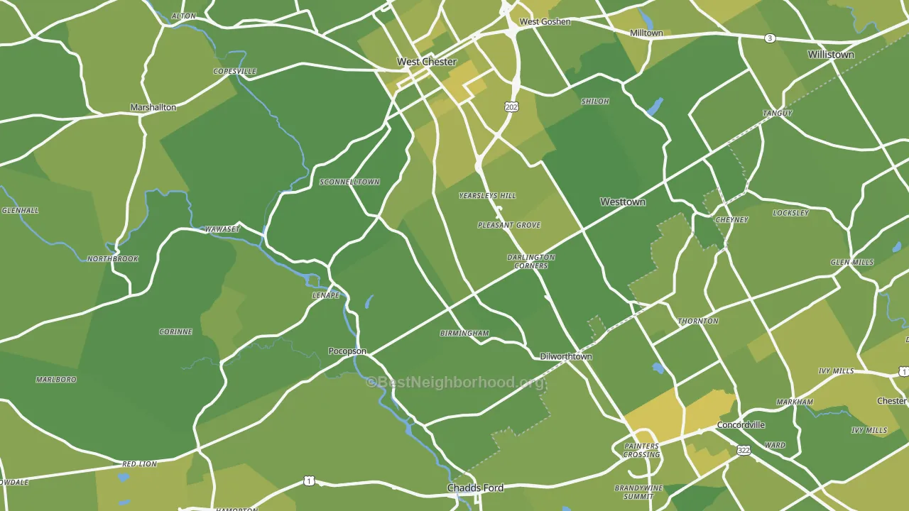Map of the best neighborhoods in the Westtown area, with better matches in green and worse matches in red