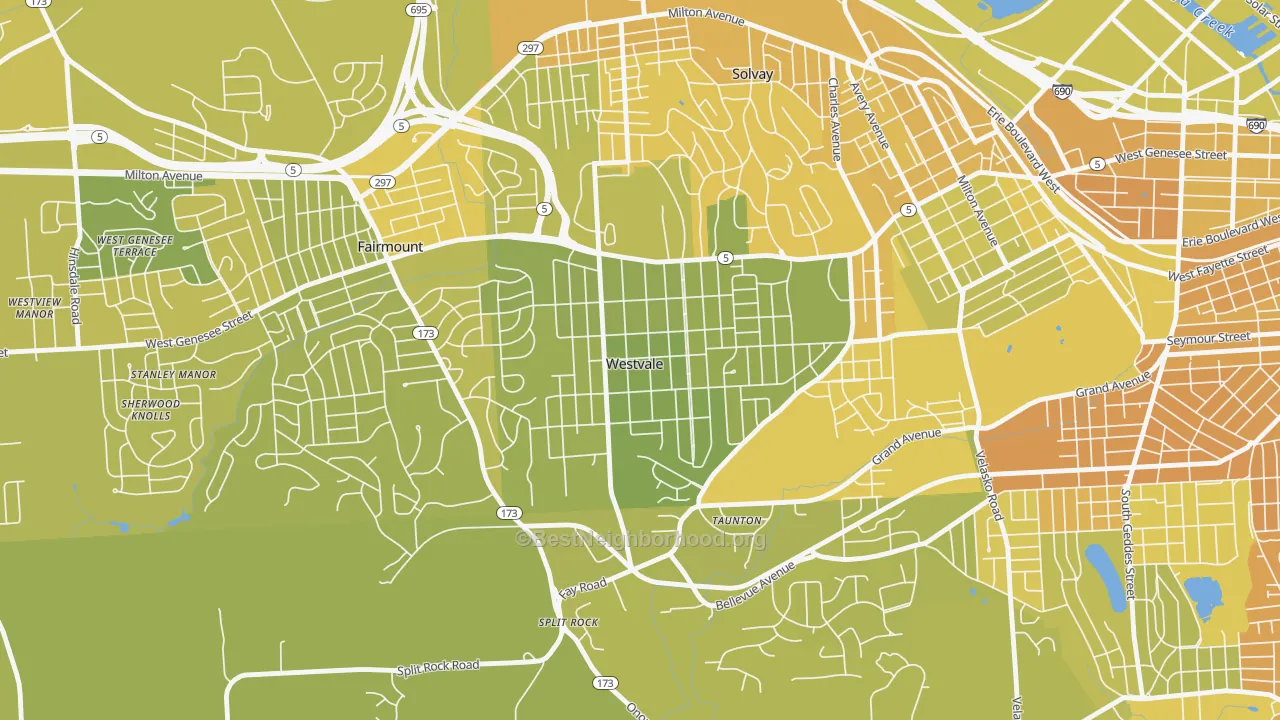 Map of the best neighborhoods in the Westvale area, with better matches in green and worse matches in red