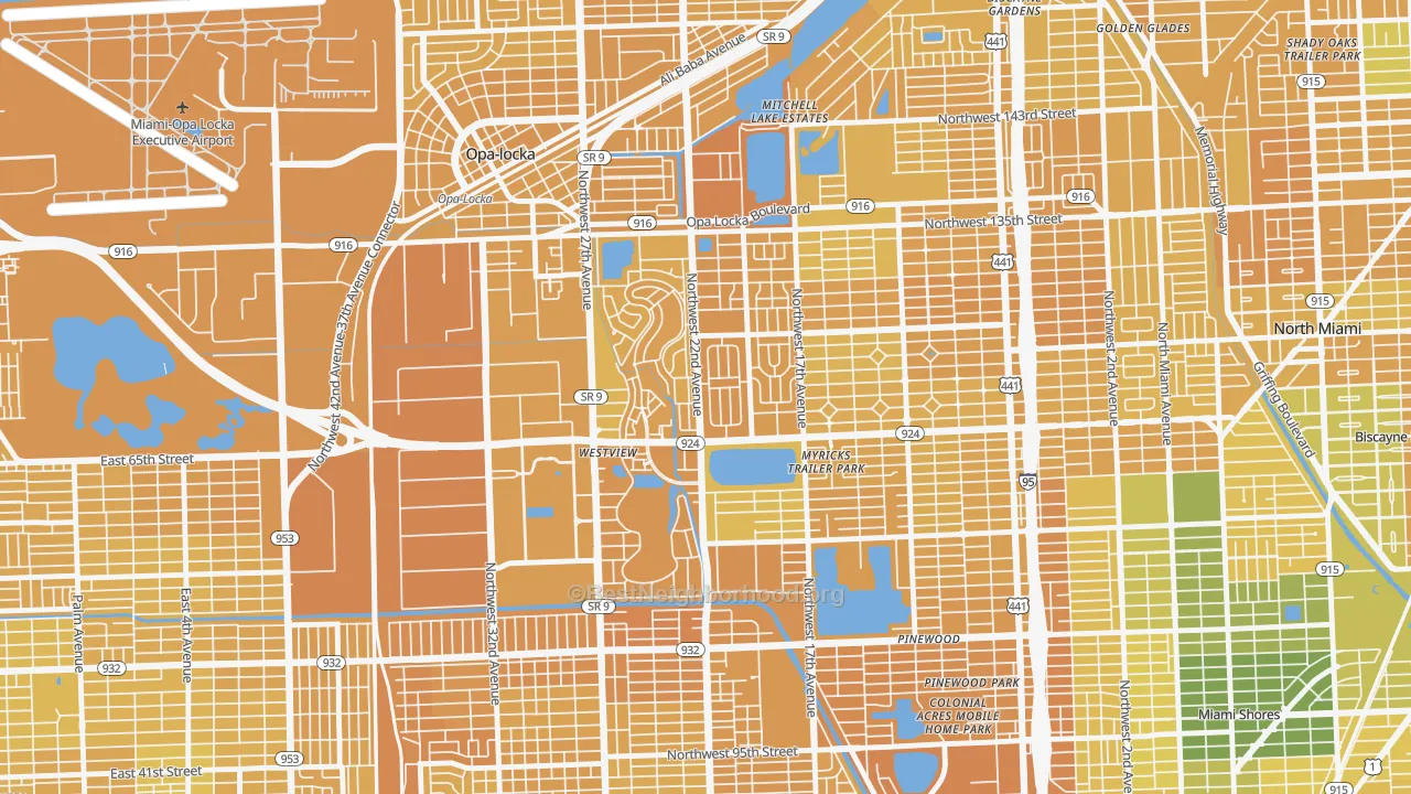 Map of the best neighborhoods in the Westview area, with better matches in green and worse matches in red