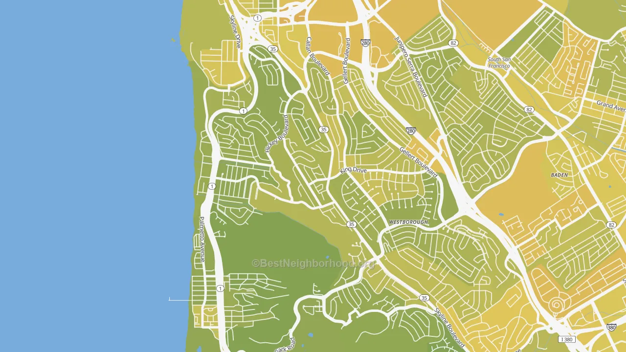 Map of the best neighborhoods in the Westview, Pacifica area, with better matches in green and worse matches in red
