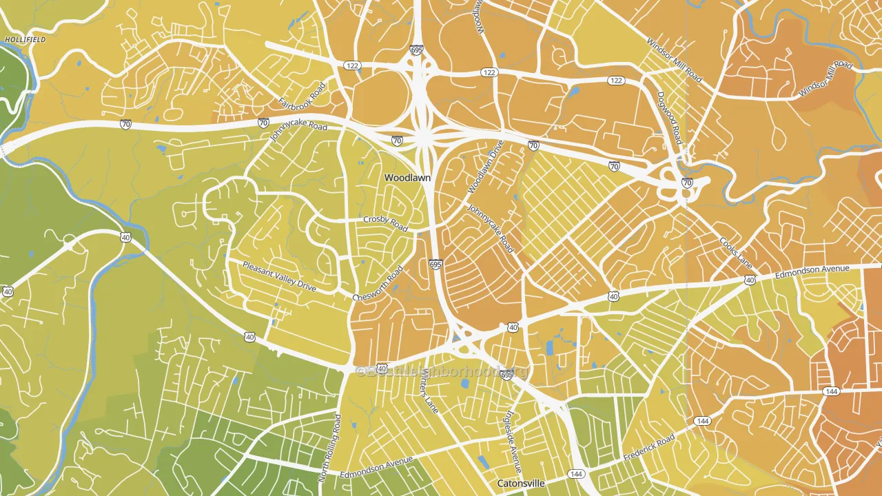 Map of the best neighborhoods in the Westview Park, Woodlawn area, with better matches in green and worse matches in red