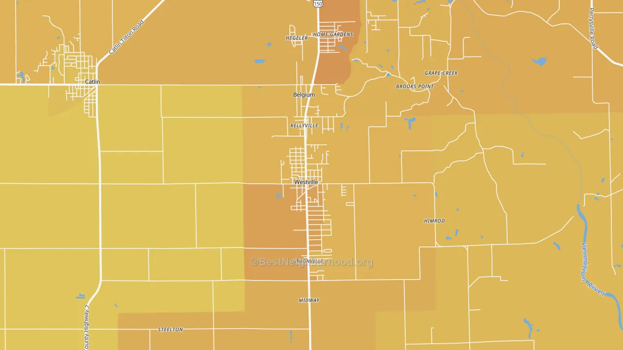 Map of the best neighborhoods in the Westville area, with better matches in green and worse matches in red