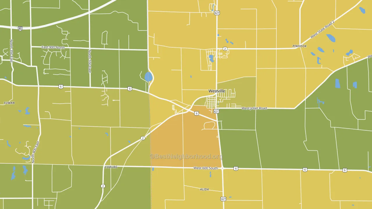 Map of the best neighborhoods in the Westville area, with better matches in green and worse matches in red