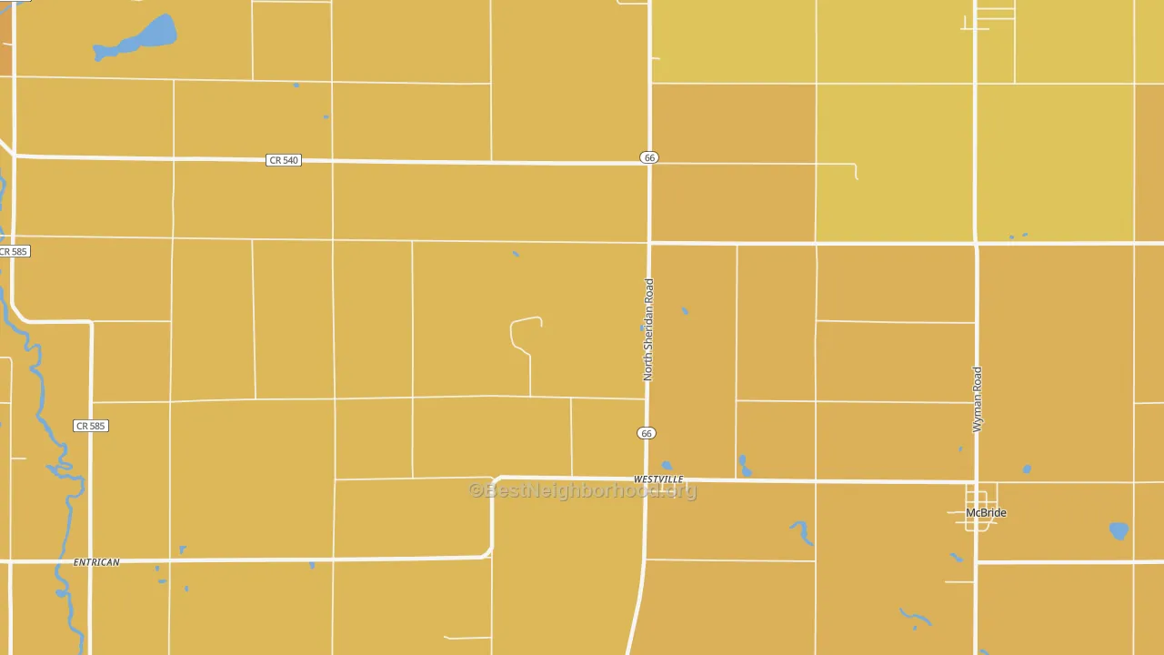 Map of the best neighborhoods in the Westville area, with better matches in green and worse matches in red
