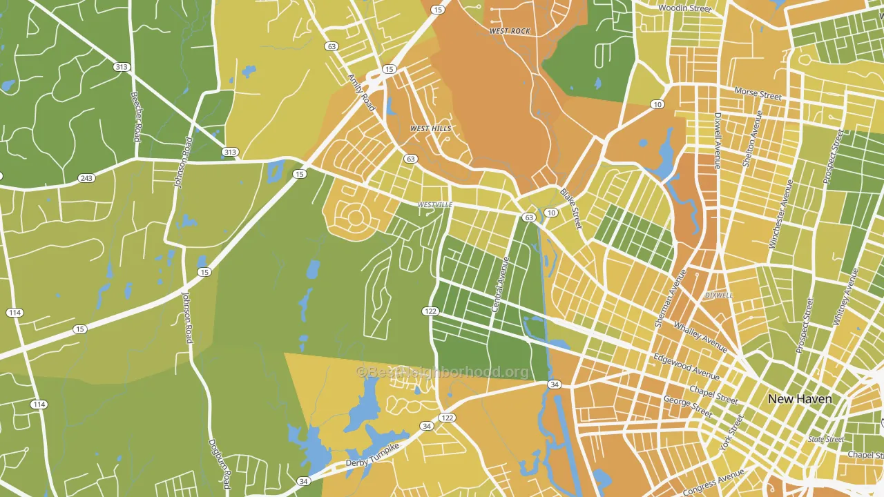 Map of the best neighborhoods in the Westville, New Haven area, with better matches in green and worse matches in red