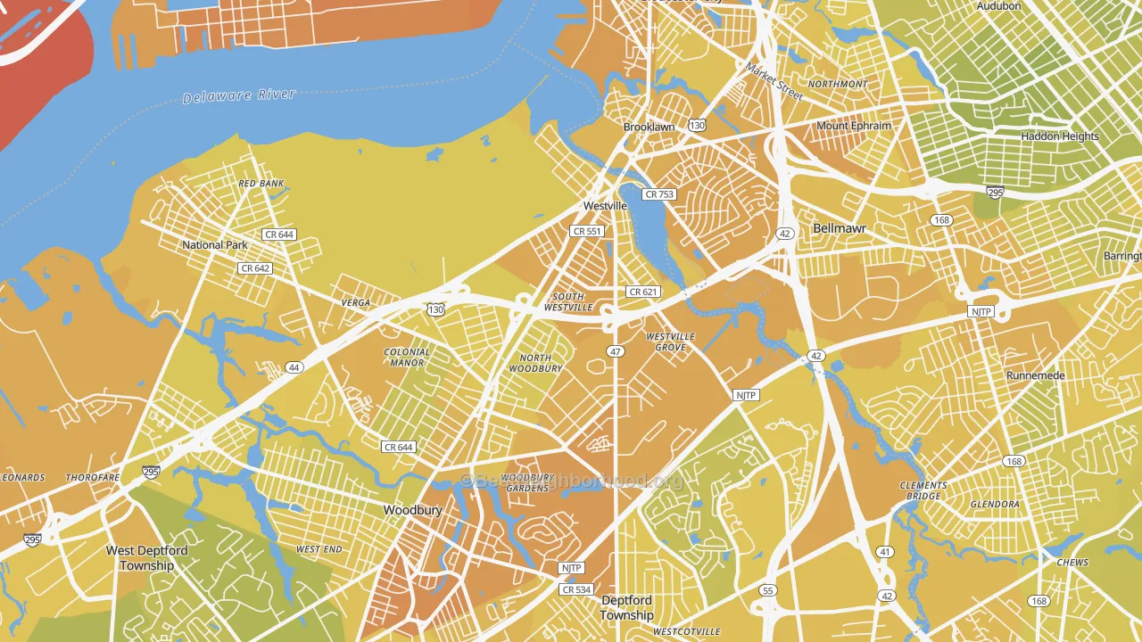 Map of the best neighborhoods in the Westville area, with better matches in green and worse matches in red