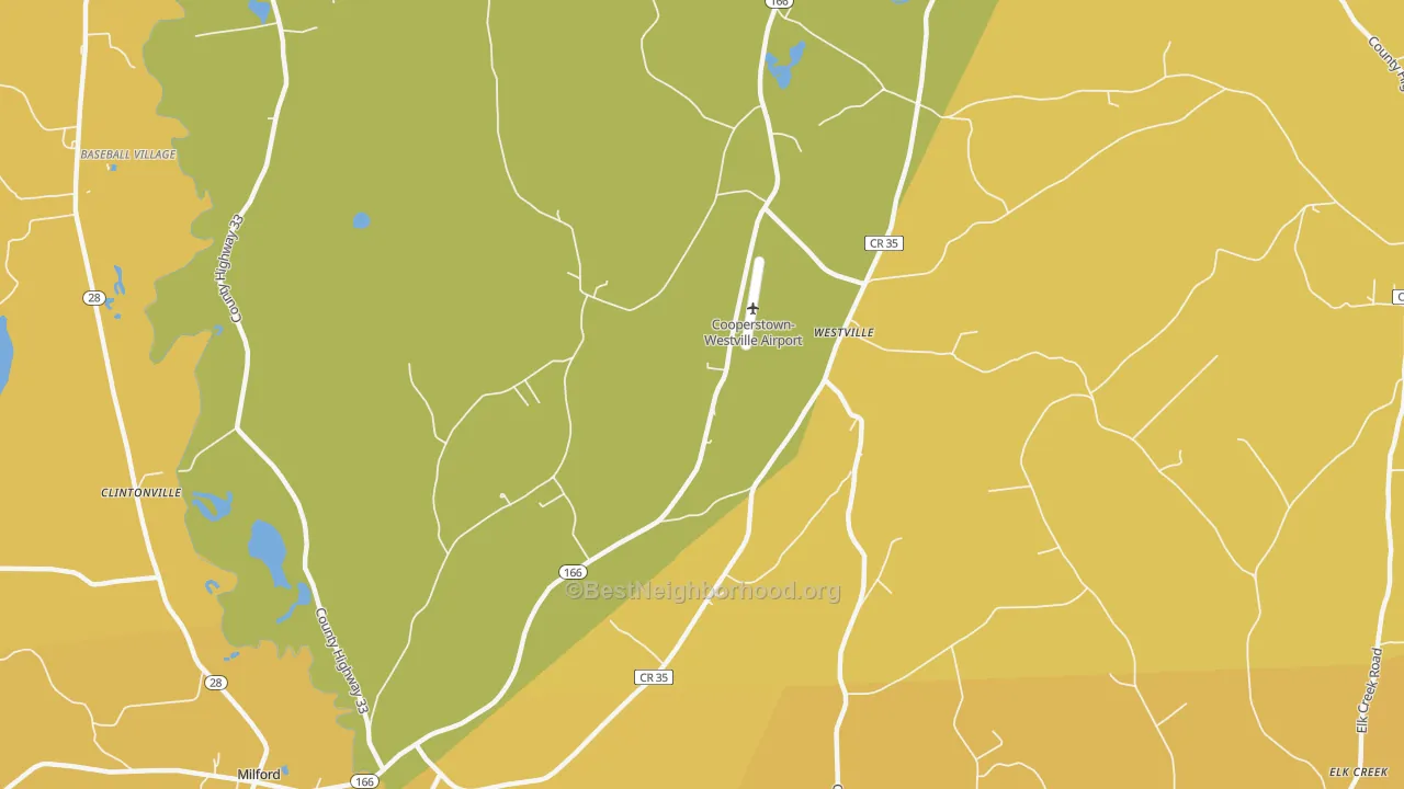 Map of the best neighborhoods in the Westville area, with better matches in green and worse matches in red