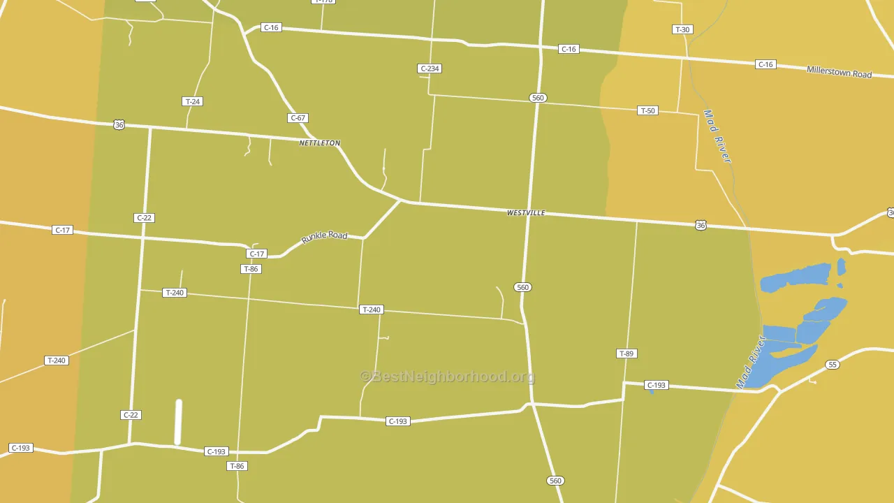 Map of the best neighborhoods in the Westville area, with better matches in green and worse matches in red