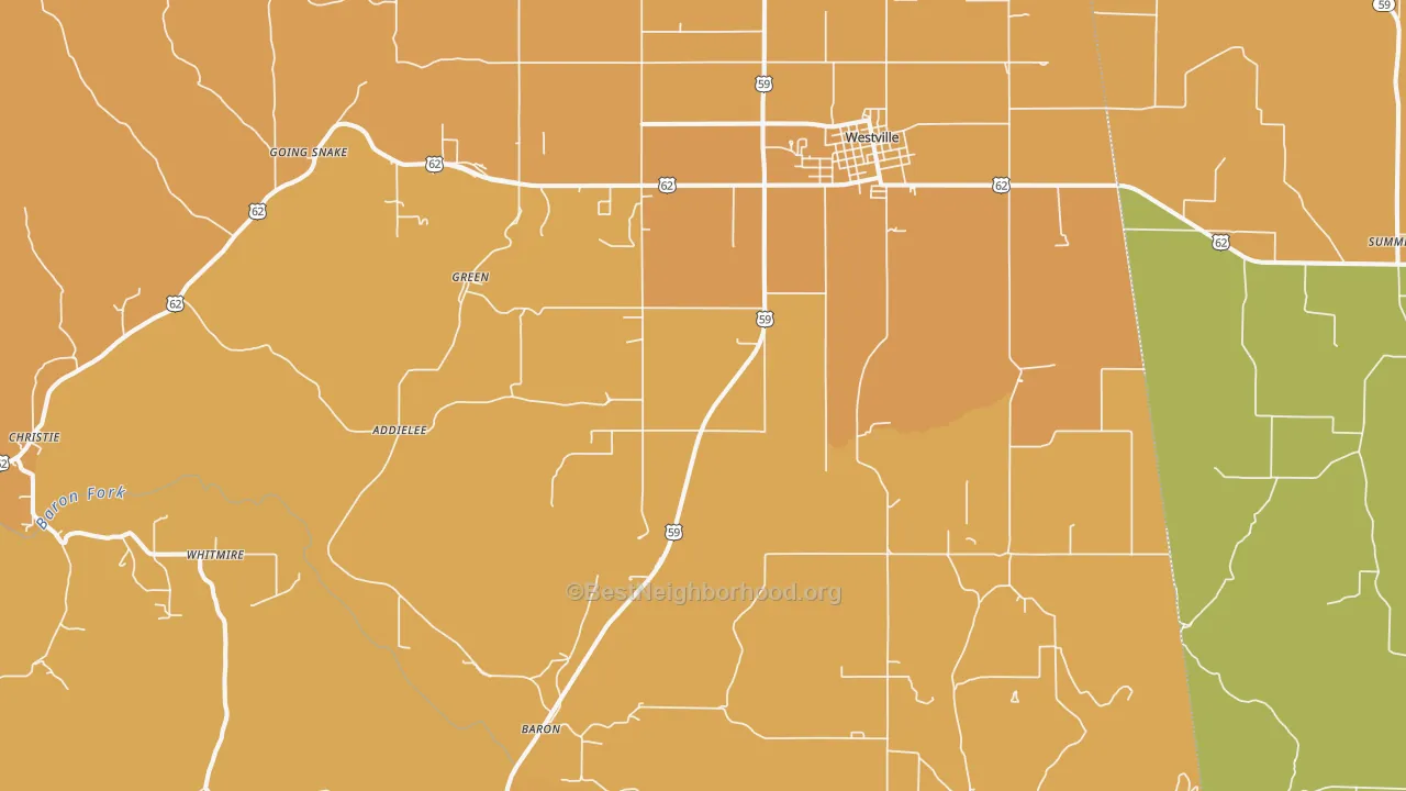 Map of the best neighborhoods in the Westville area, with better matches in green and worse matches in red