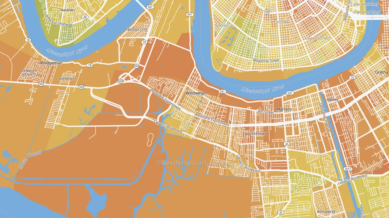 Map of the best neighborhoods in the Westwego area, with better matches in green and worse matches in red