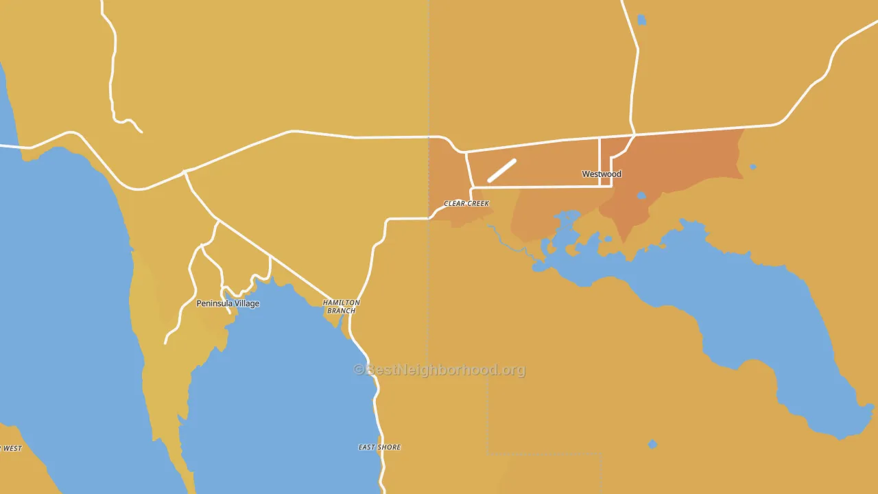 Map of the best neighborhoods in the Westwood area, with better matches in green and worse matches in red