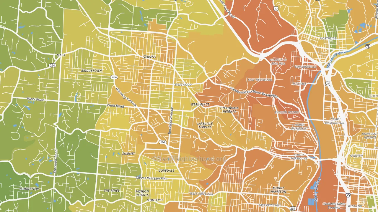 Map of the best neighborhoods in the Westwood, Cincinnati area, with better matches in green and worse matches in red